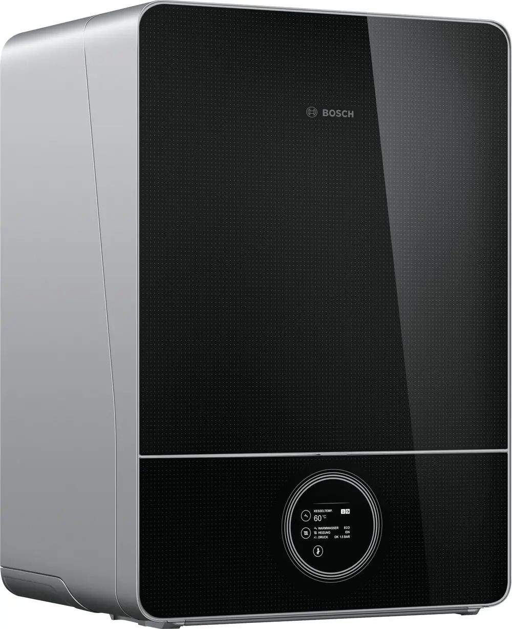 Wandhängendes Gas-Brennwertgerät von Bosch in schwarz, mit einem digitalen Display und Bedienelementen an der Vorderseite zur Temperatureinstellung.